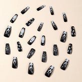 24pcs White Ghost Skull False Nails For Halloween Glossy Black Mid-length Coffin Press On Nails Black Spider Web Heart Fake Nail